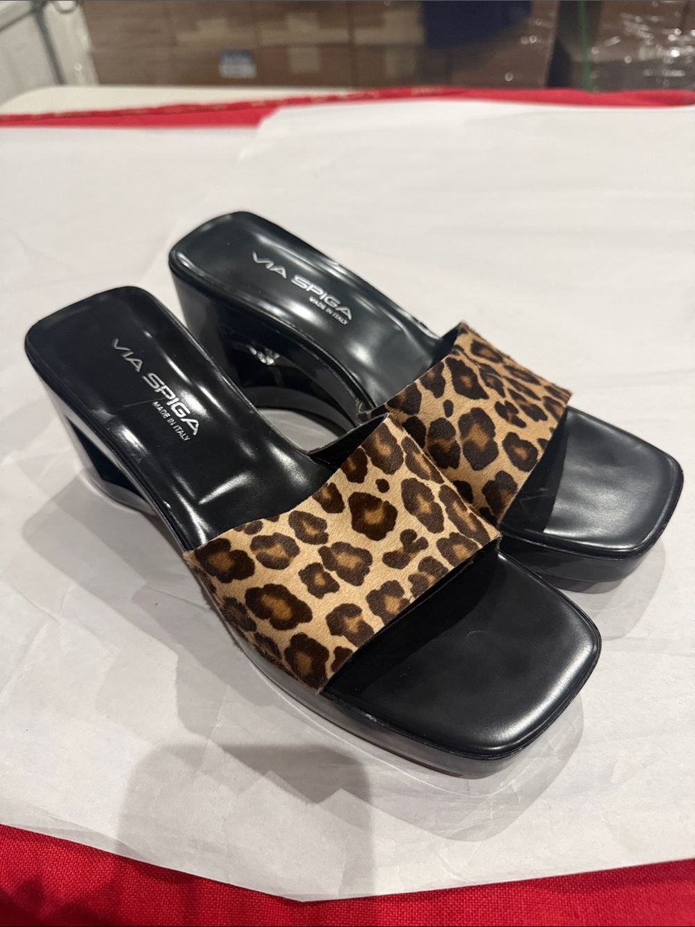Via Spiga Black Heel Slides with Leopard Print Strap
